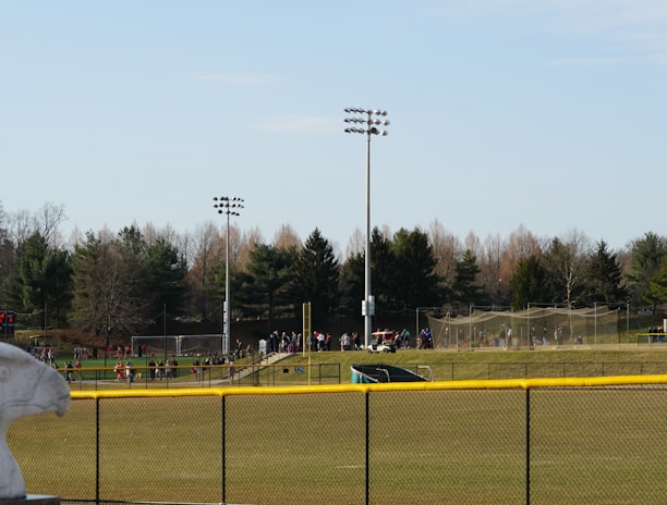 A sports field with a group of people engaging in athletic activities in the background. There is sports equipment like a soccer goal and a scoreboard visible. A chain-link fence runs across the foreground, and a statue or sculpture resembling an eagle is also seen. Trees and tall floodlights are positioned behind the field.